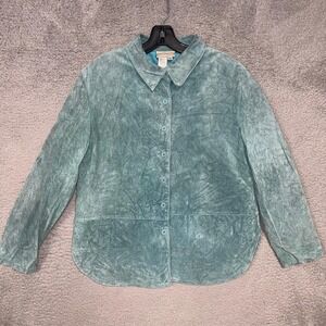 VTG Coldwater Creek Leather Suede Shirt Women's Sz PM Petite Medium Teal Shacket